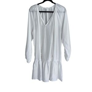 HM White V-Neck Tie Front Drop Waist Ruffle Tunic Dress Womens Large Long Sleeve